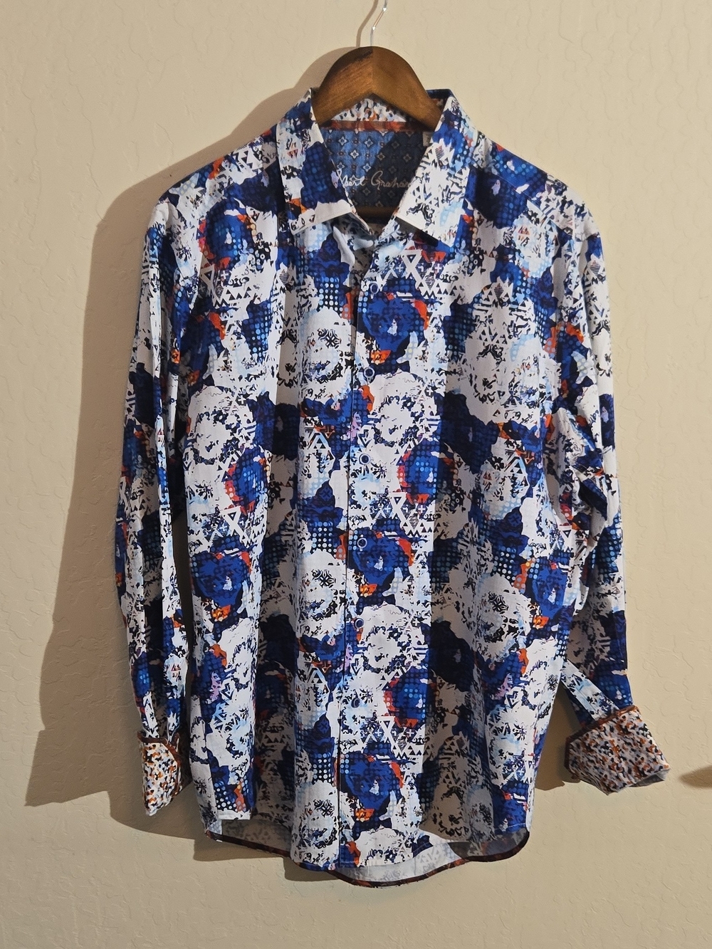 Men's Blue & White Abstract Print Button-Up Shirt